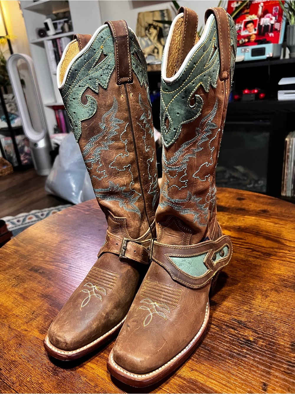 Women's Brown Leather Western Heeled Boots with Teal Accent